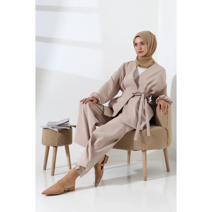 Kadın 100% Pamuk Modal Krem Kimono Pantolon Tesettür Takım
