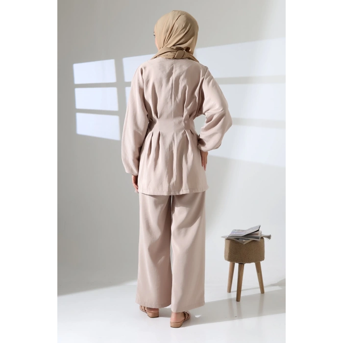 Kadın 100% Pamuk Modal Krem Kimono Pantolon Tesettür Takım