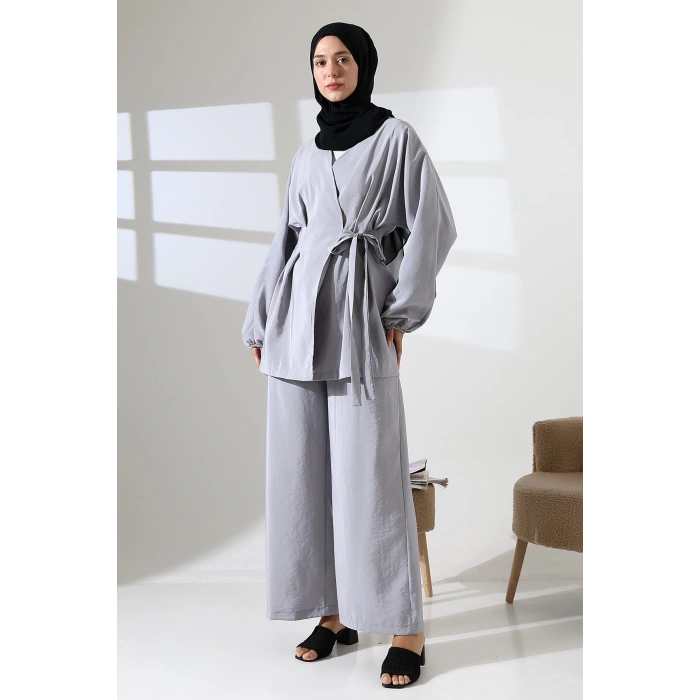 Kadın 100% Pamuk Modal Gri Kimono Pantolon Tesettür Takım