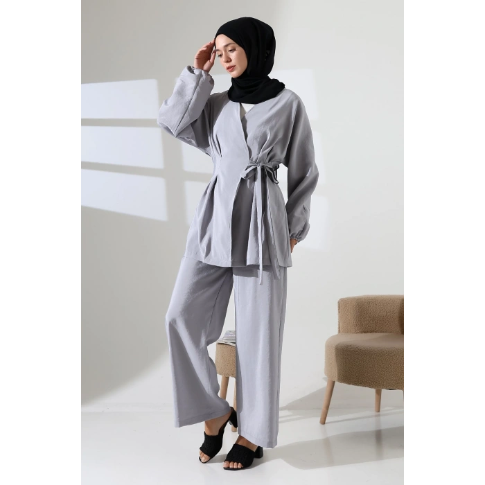 Kadın 100% Pamuk Modal Gri Kimono Pantolon Tesettür Takım