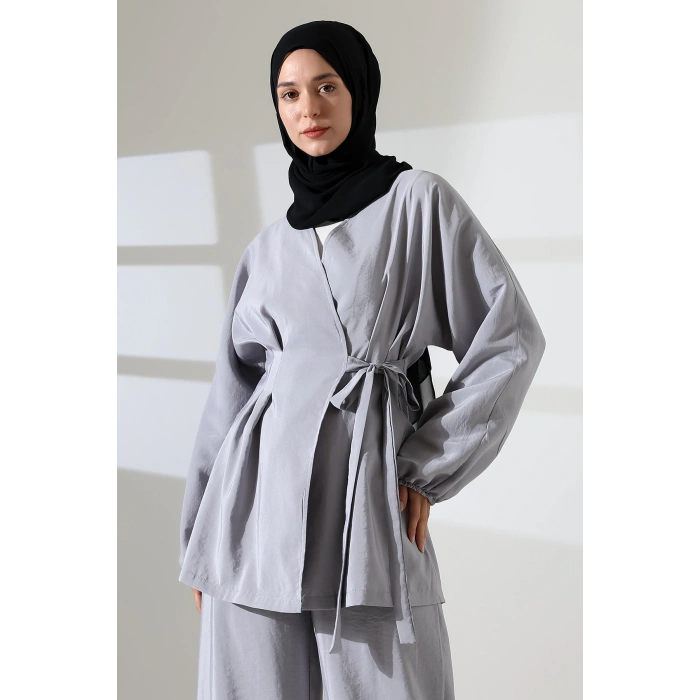 Kadın 100% Pamuk Modal Gri Kimono Pantolon Tesettür Takım
