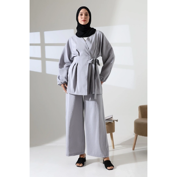 Kadın 100% Pamuk Modal Gri Kimono Pantolon Tesettür Takım