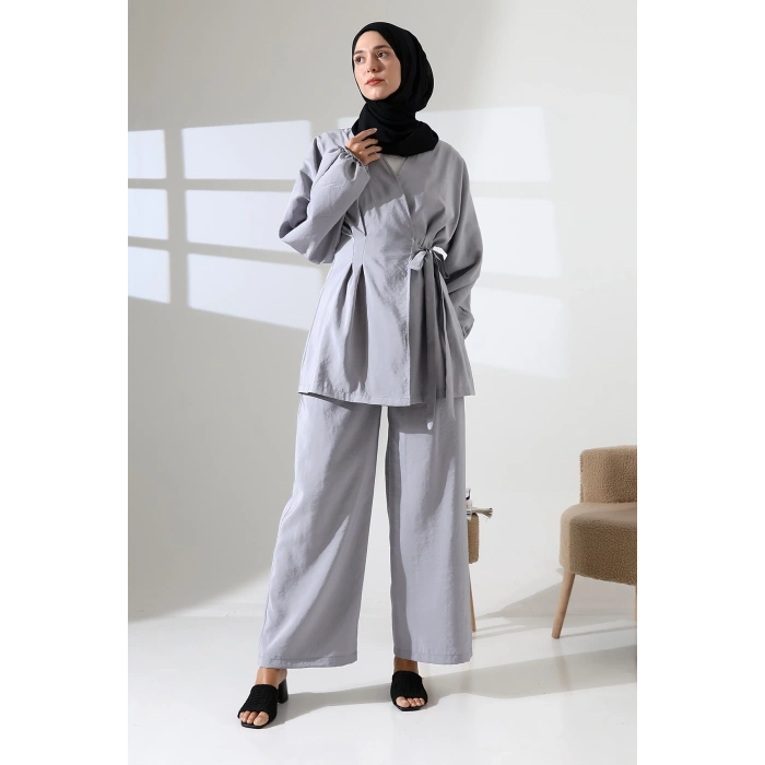 Kadın 100% Pamuk Modal Gri Kimono Pantolon Tesettür Takım