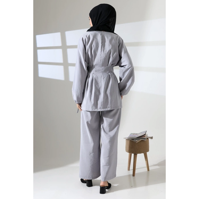 Kadın 100% Pamuk Modal Gri Kimono Pantolon Tesettür Takım