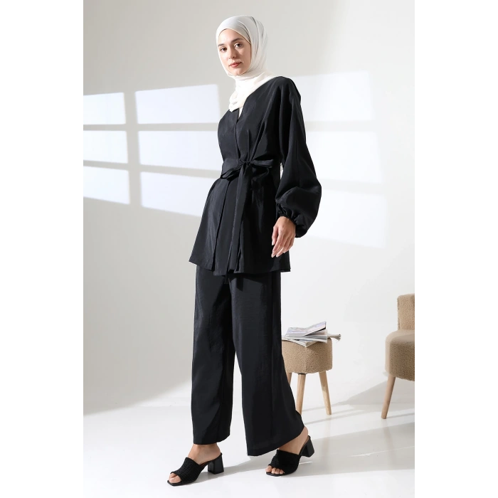Kadın 100% Pamuk Modal Siyah Kimono Pantolon Tesettür Takım