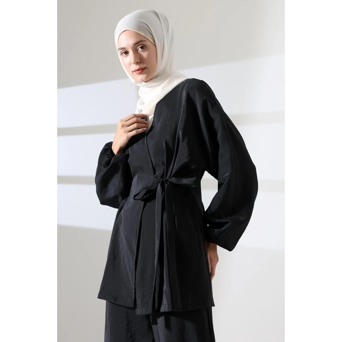 Kadın 100% Pamuk Modal Siyah Kimono Pantolon Tesettür Takım