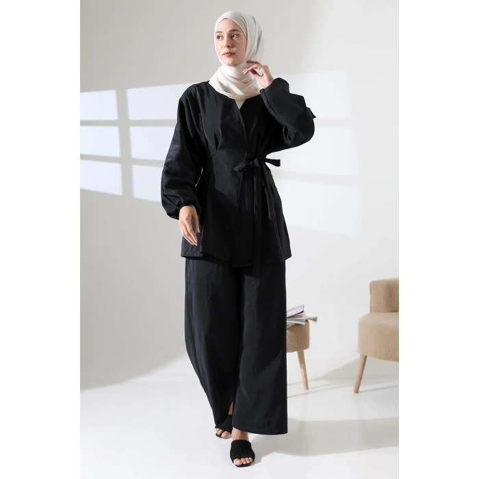 Kadın 100% Pamuk Modal Siyah Kimono Pantolon Tesettür Takım