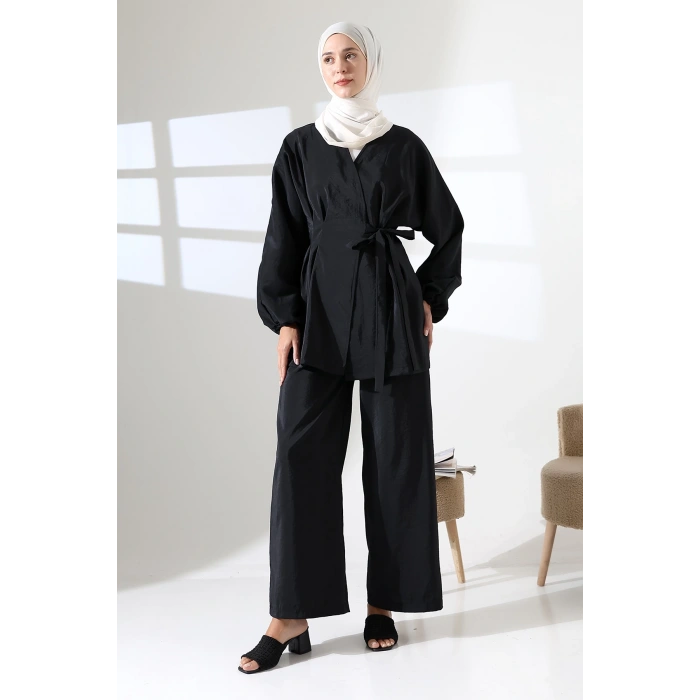 Kadın 100% Pamuk Modal Siyah Kimono Pantolon Tesettür Takım