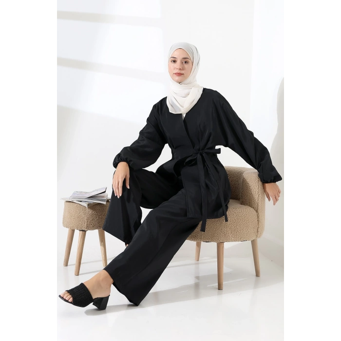 Kadın 100% Pamuk Modal Siyah Kimono Pantolon Tesettür Takım