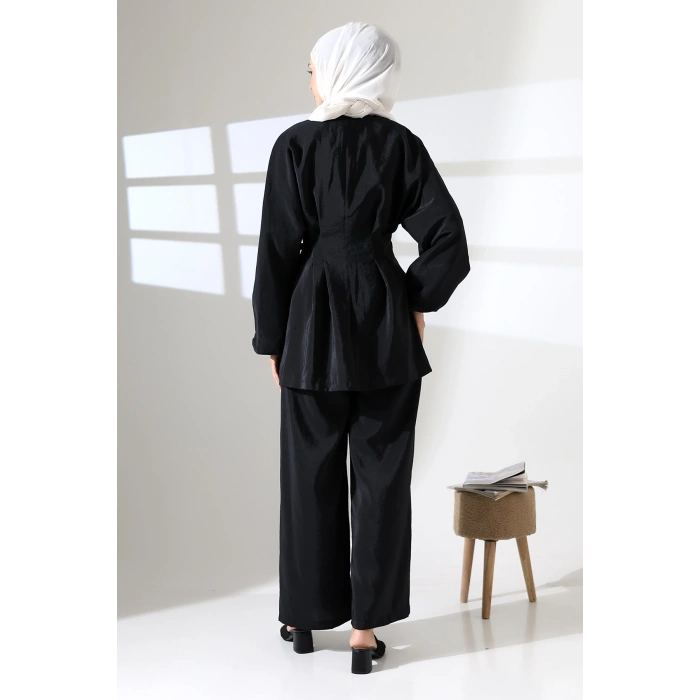 Kadın 100% Pamuk Modal Siyah Kimono Pantolon Tesettür Takım