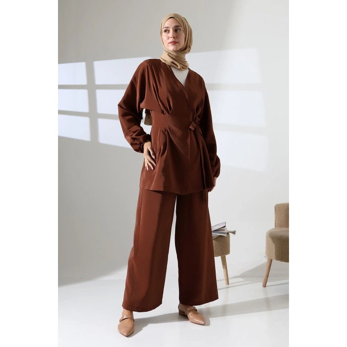 Kadın 100% Pamuk Modal Kahverengi Kimono Pantolon Tesettür Takım