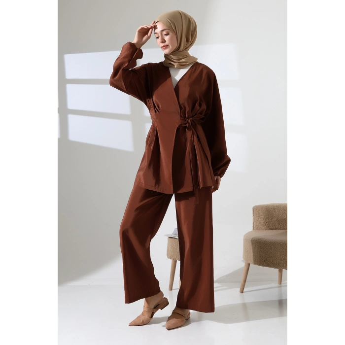 Kadın 100% Pamuk Modal Kahverengi Kimono Pantolon Tesettür Takım
