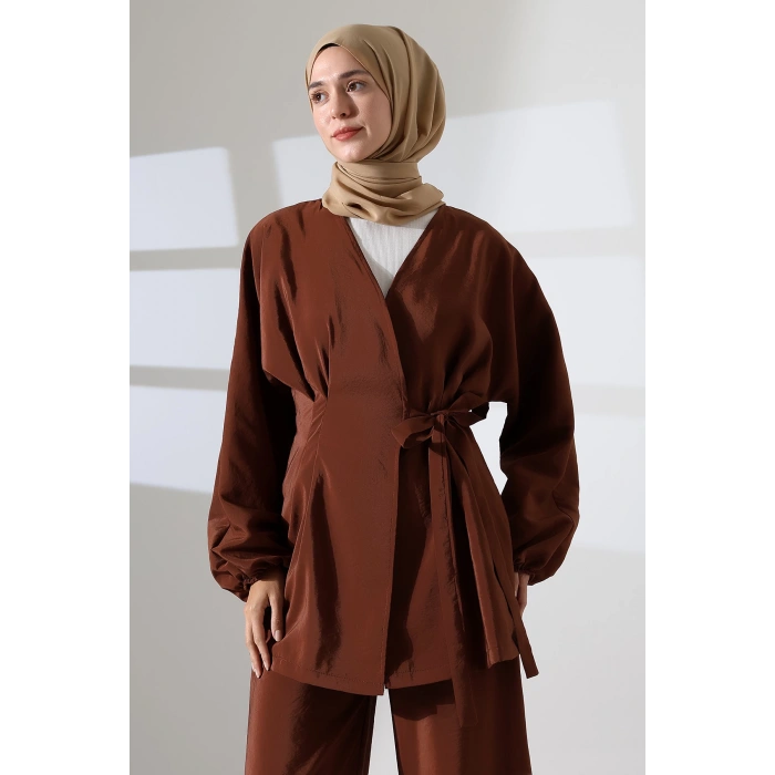 Kadın 100% Pamuk Modal Kahverengi Kimono Pantolon Tesettür Takım