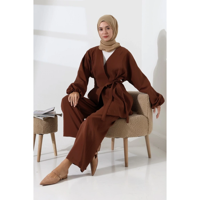 Kadın 100% Pamuk Modal Kahverengi Kimono Pantolon Tesettür Takım