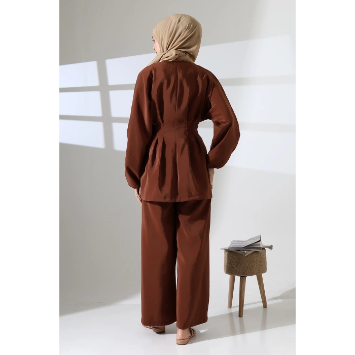 Kadın 100% Pamuk Modal Kahverengi Kimono Pantolon Tesettür Takım