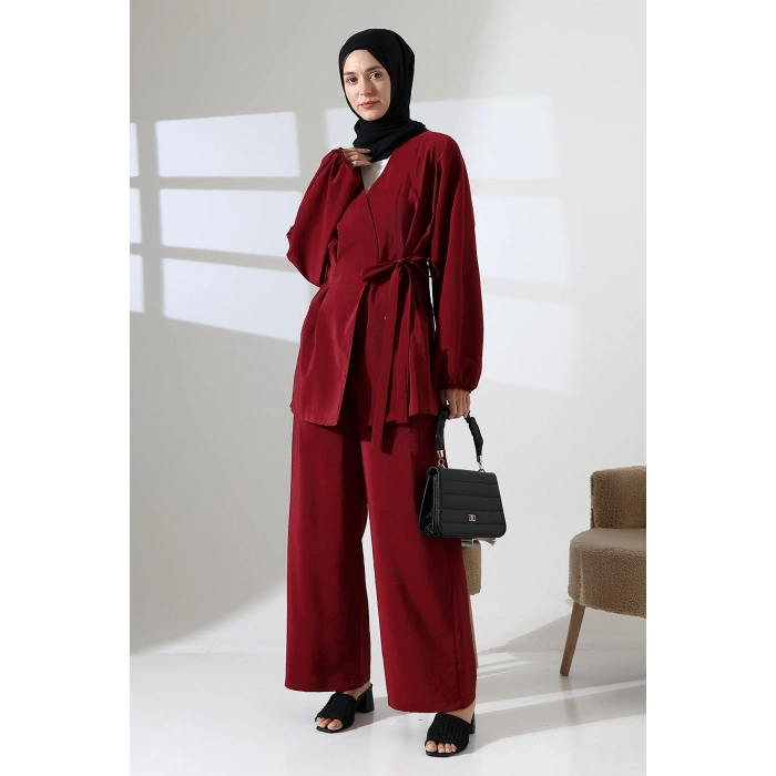 Kadın 100% Pamuk Modal Bordo Kimono Pantolon Tesettür Takım
