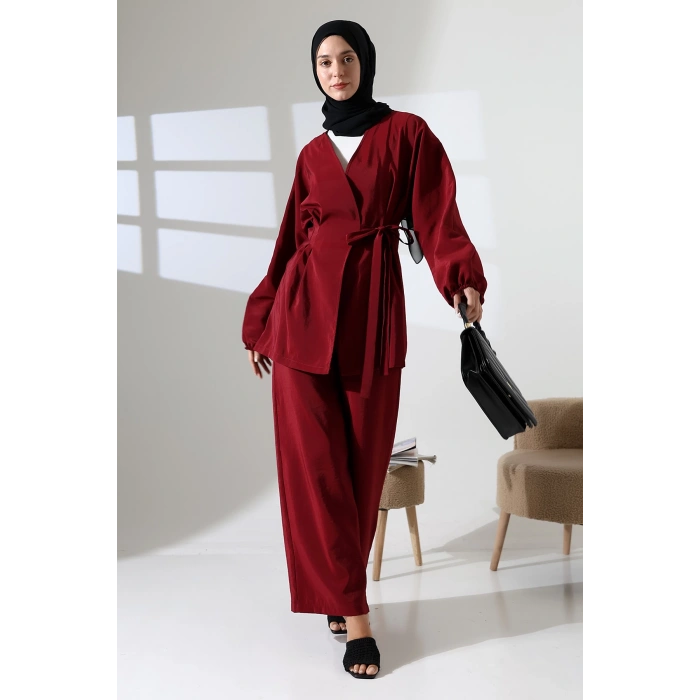 Kadın 100% Pamuk Modal Bordo Kimono Pantolon Tesettür Takım
