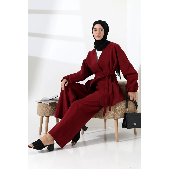 Kadın 100% Pamuk Modal Bordo Kimono Pantolon Tesettür Takım
