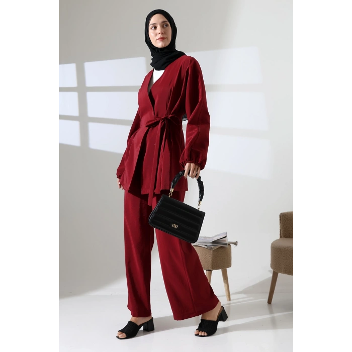 Kadın 100% Pamuk Modal Bordo Kimono Pantolon Tesettür Takım