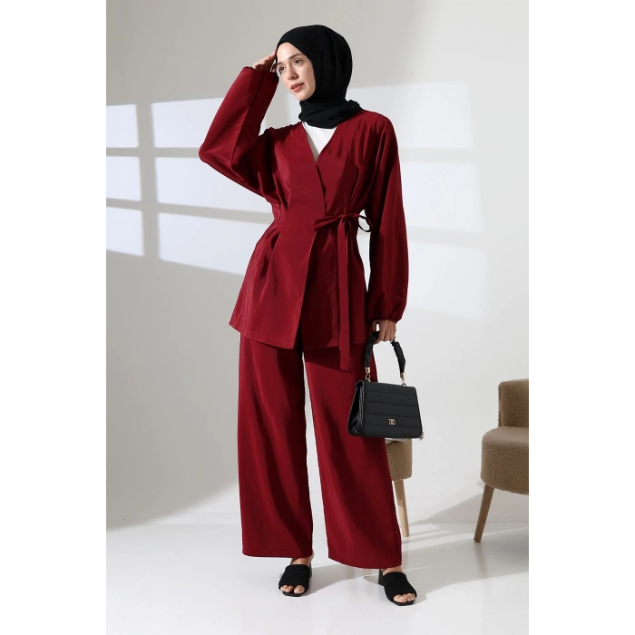 Kadın 100% Pamuk Modal Bordo Kimono Pantolon Tesettür Takım