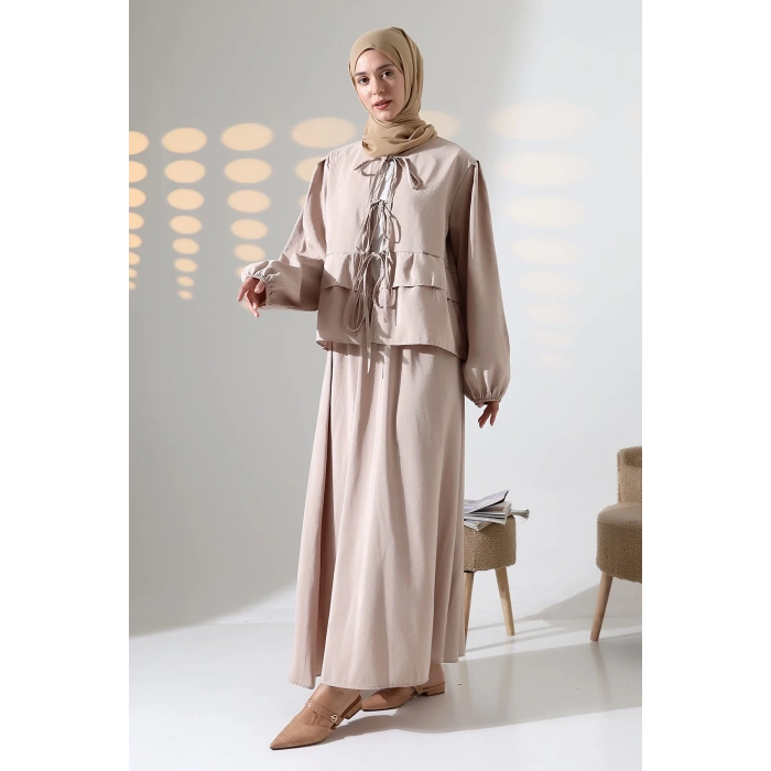 Kadın 100% Pamuk Modal Krem Gömlek Etek Tesettür Takım