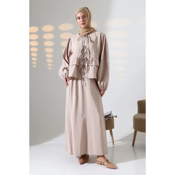 Kadın 100% Pamuk Modal Krem Gömlek Etek Tesettür Takım