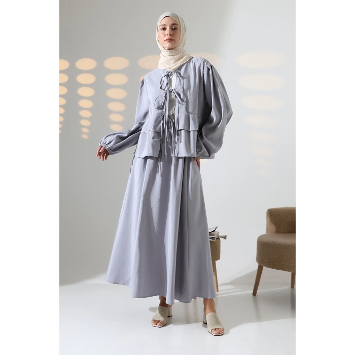 Kadın 100% Pamuk Modal Gri Gömlek Etek Tesettür Takım