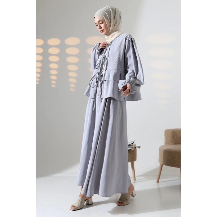 Kadın 100% Pamuk Modal Gri Gömlek Etek Tesettür Takım