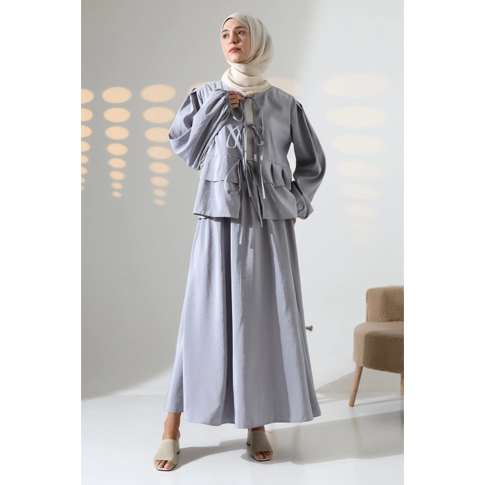 Kadın 100% Pamuk Modal Gri Gömlek Etek Tesettür Takım