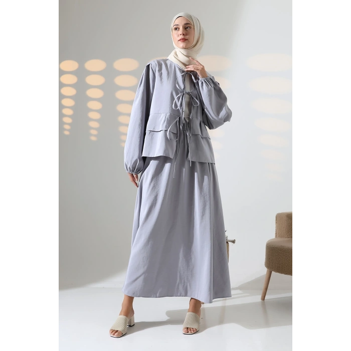 Kadın 100% Pamuk Modal Gri Gömlek Etek Tesettür Takım