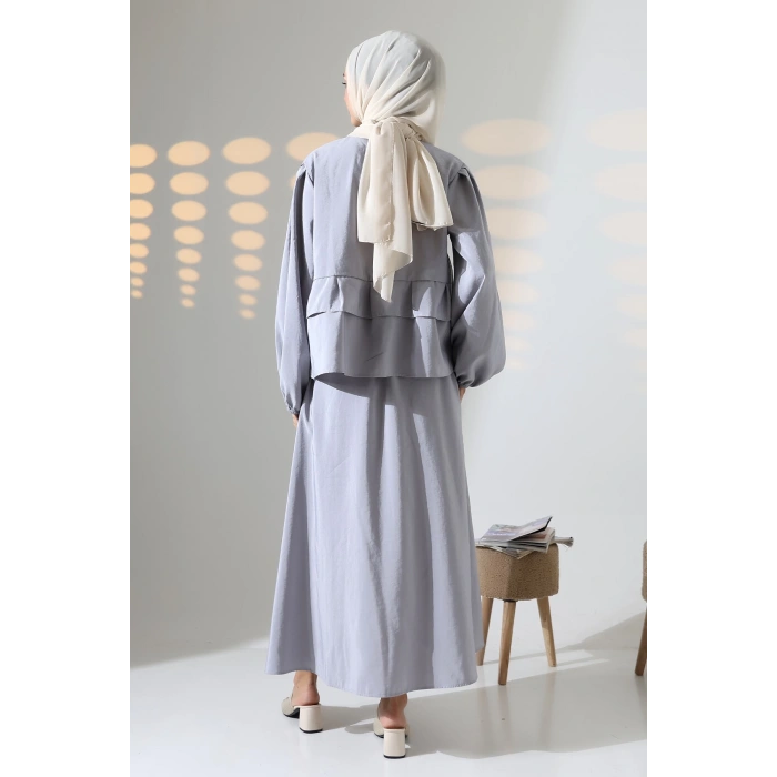 Kadın 100% Pamuk Modal Gri Gömlek Etek Tesettür Takım