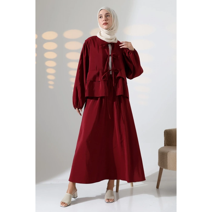 Kadın 100% Pamuk Modal Bordo Gömlek Etek Tesettür Takım