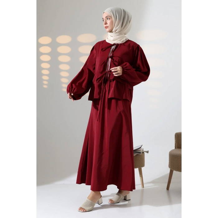 Kadın 100% Pamuk Modal Bordo Gömlek Etek Tesettür Takım