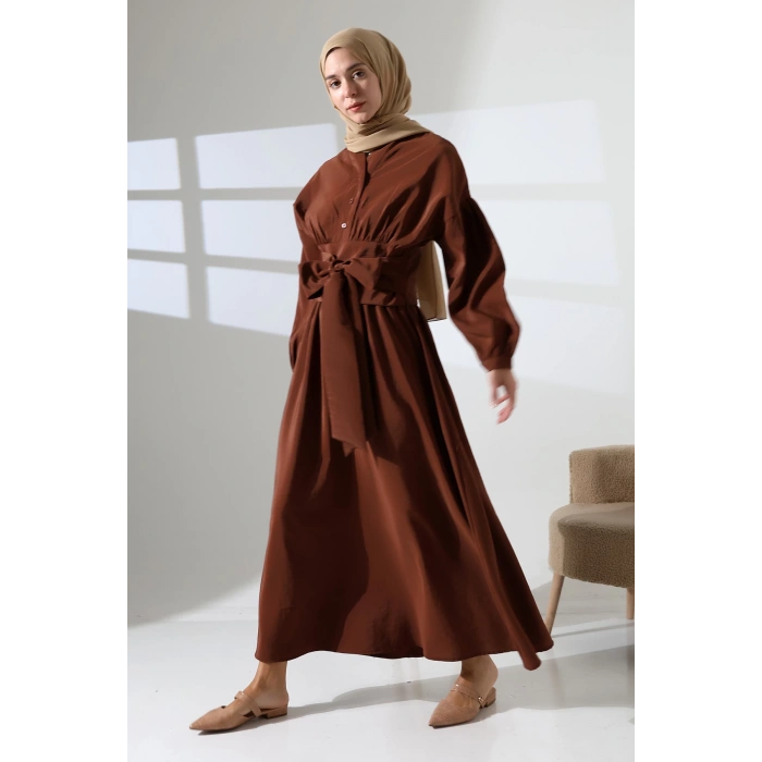 Kadın 100% Pamuk Modal Kahverengi Gömlek Etek Tesettür Takım