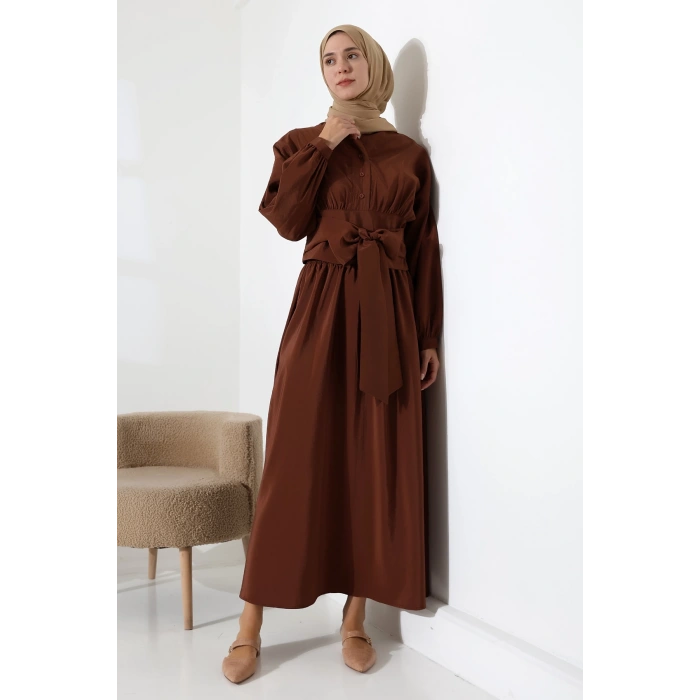 Kadın 100% Pamuk Modal Kahverengi Gömlek Etek Tesettür Takım