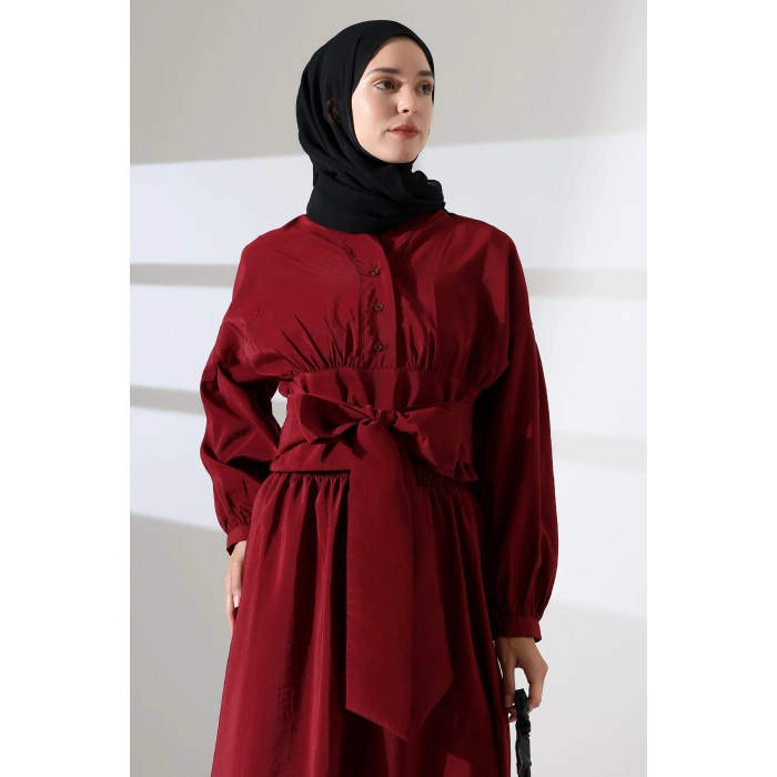 Kadın 100% Pamuk Modal Bordo Gömlek Etek Tesettür Takım