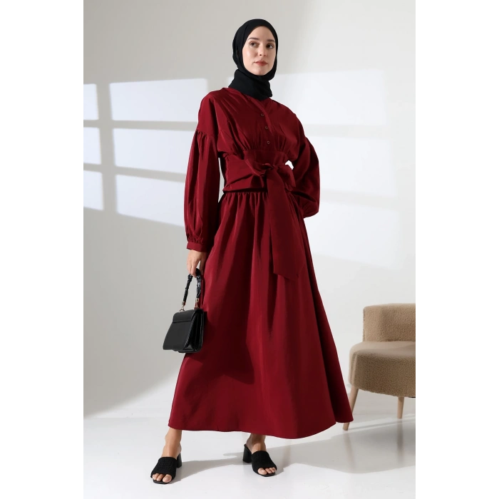 Kadın 100% Pamuk Modal Bordo Gömlek Etek Tesettür Takım