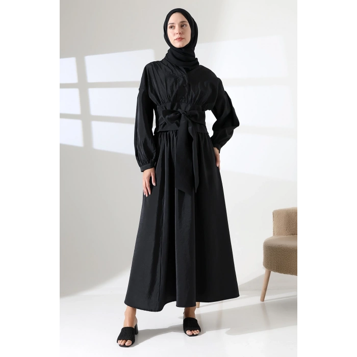 Kadın 100% Pamuk Modal Siyah Gömlek Etek Tesettür Takım
