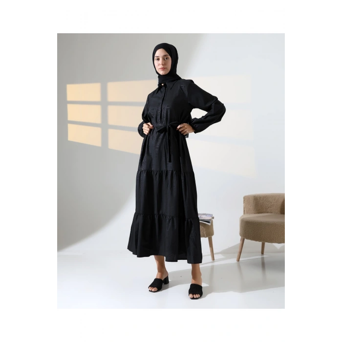 Kadın 100% Pamuk Viskon Desenli Siyah Tesettür Elbise