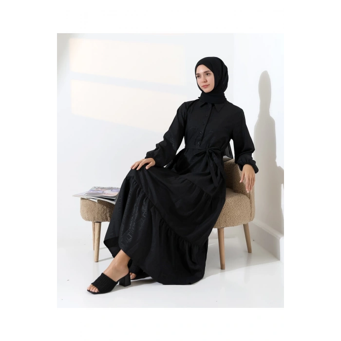 Kadın 100% Pamuk Viskon Desenli Siyah Tesettür Elbise