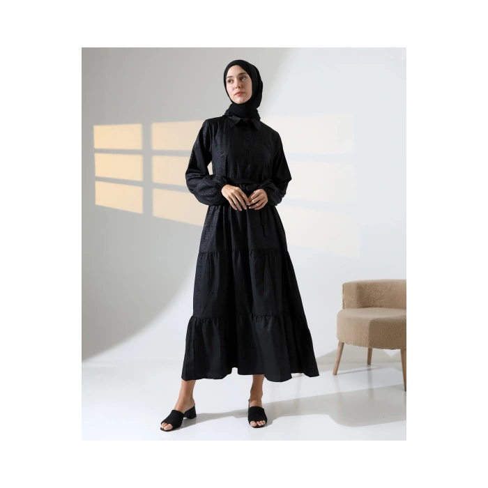 Kadın 100% Pamuk Viskon Desenli Siyah Tesettür Elbise