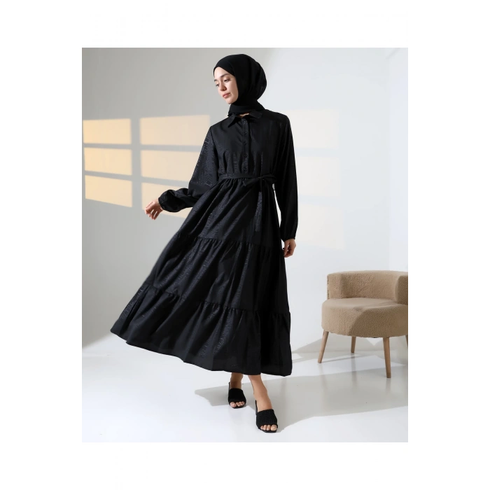 Kadın 100% Pamuk Viskon Desenli Siyah Tesettür Elbise