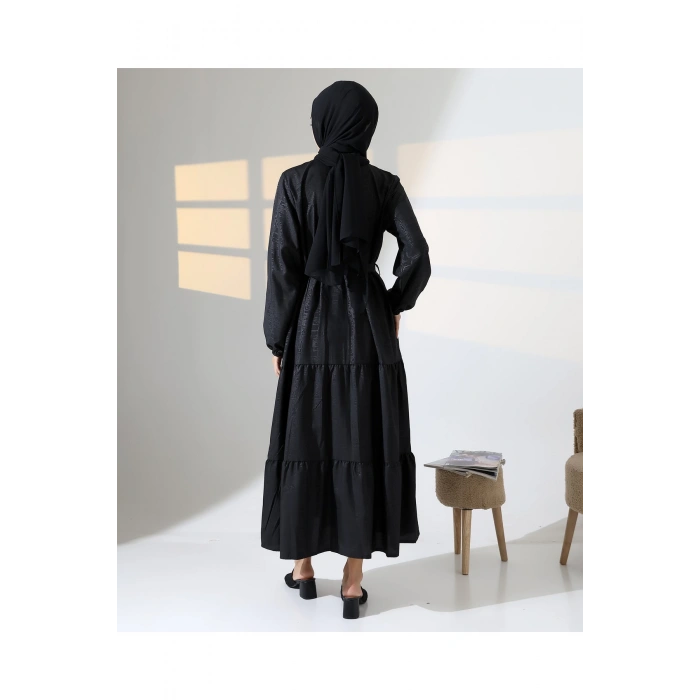 Kadın 100% Pamuk Viskon Desenli Siyah Tesettür Elbise