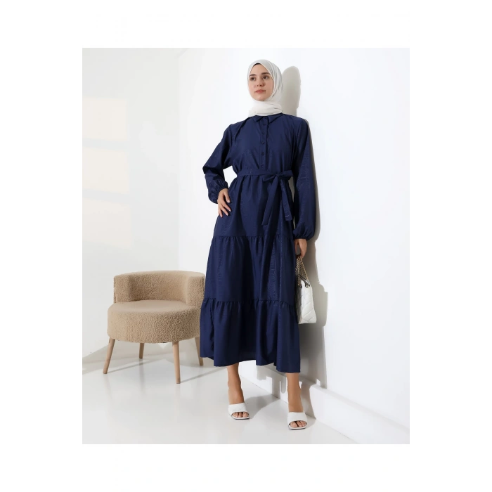 Kadın 100% Pamuk Viskon Desenli Lacivert Tesettür Elbise