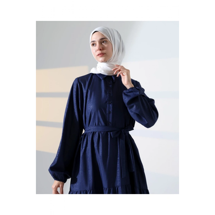 Kadın 100% Pamuk Viskon Desenli Lacivert Tesettür Elbise