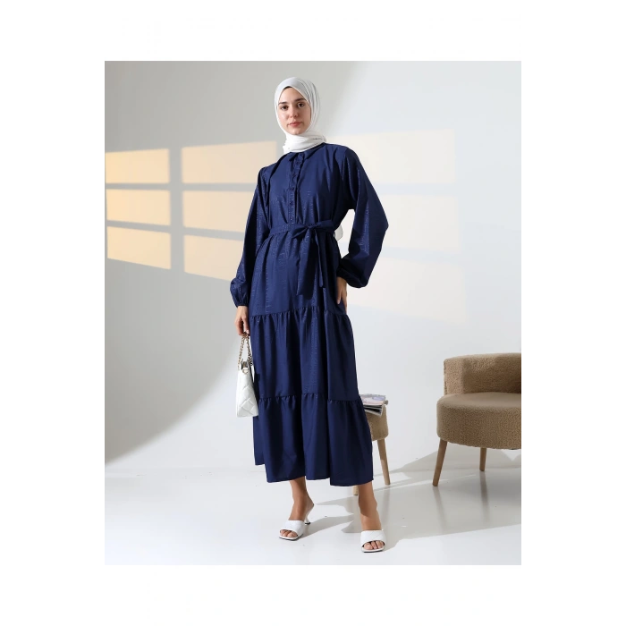 Kadın 100% Pamuk Viskon Desenli Lacivert Tesettür Elbise