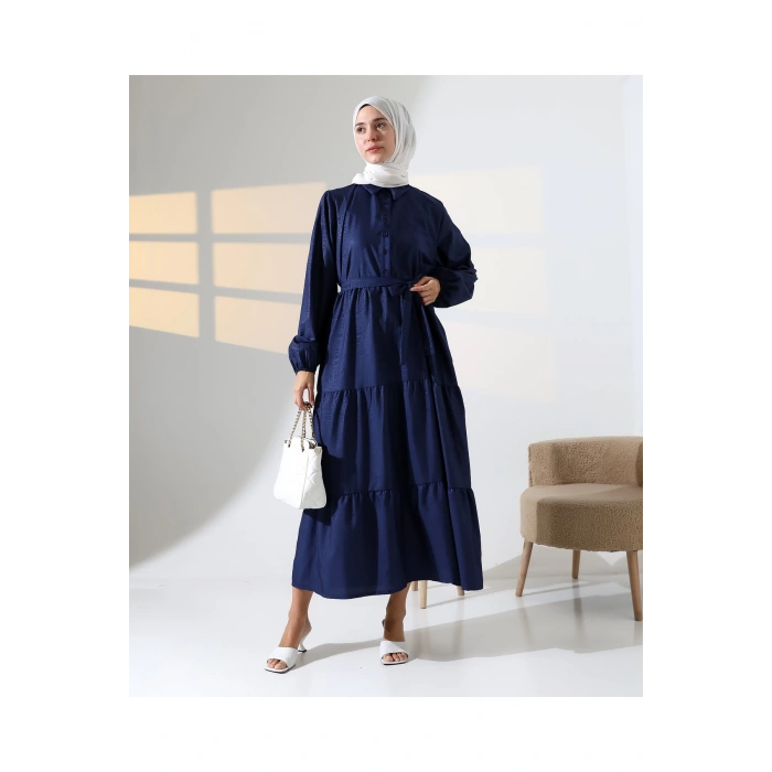 Kadın 100% Pamuk Viskon Desenli Lacivert Tesettür Elbise
