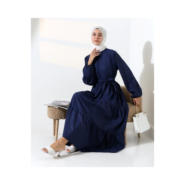 Kadın 100% Pamuk Viskon Desenli Lacivert Tesettür Elbise