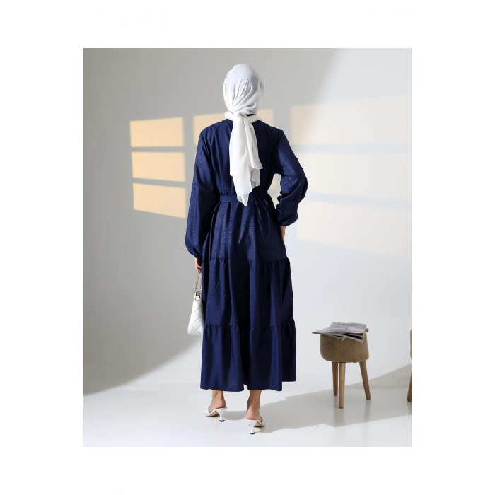 Kadın 100% Pamuk Viskon Desenli Lacivert Tesettür Elbise