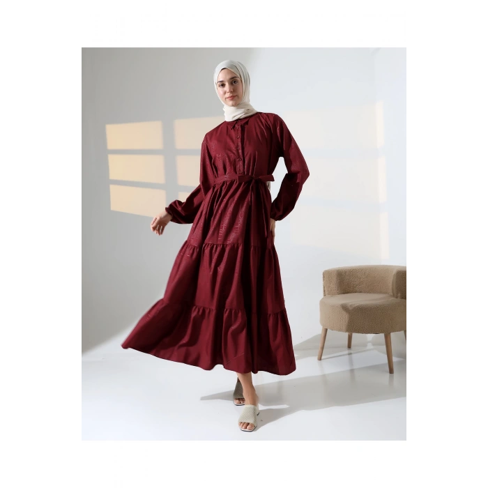 Kadın 100% Pamuk Viskon Desenli Bordo Tesettür Elbise